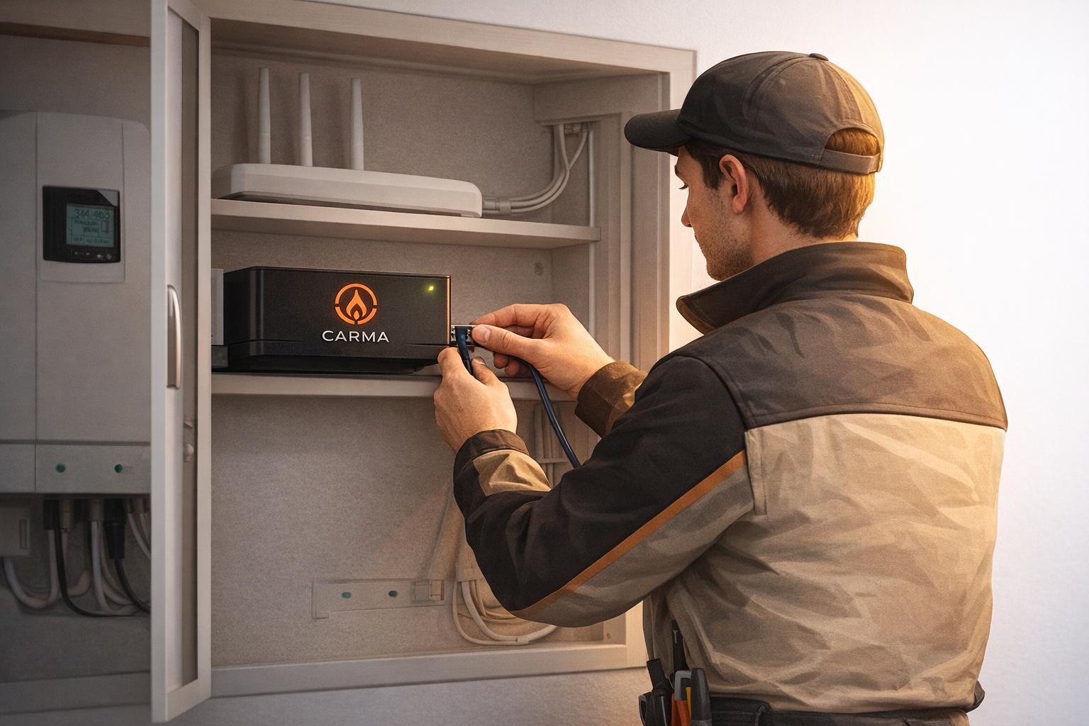 Elektriker installerar CARMA-enhet i elskåp